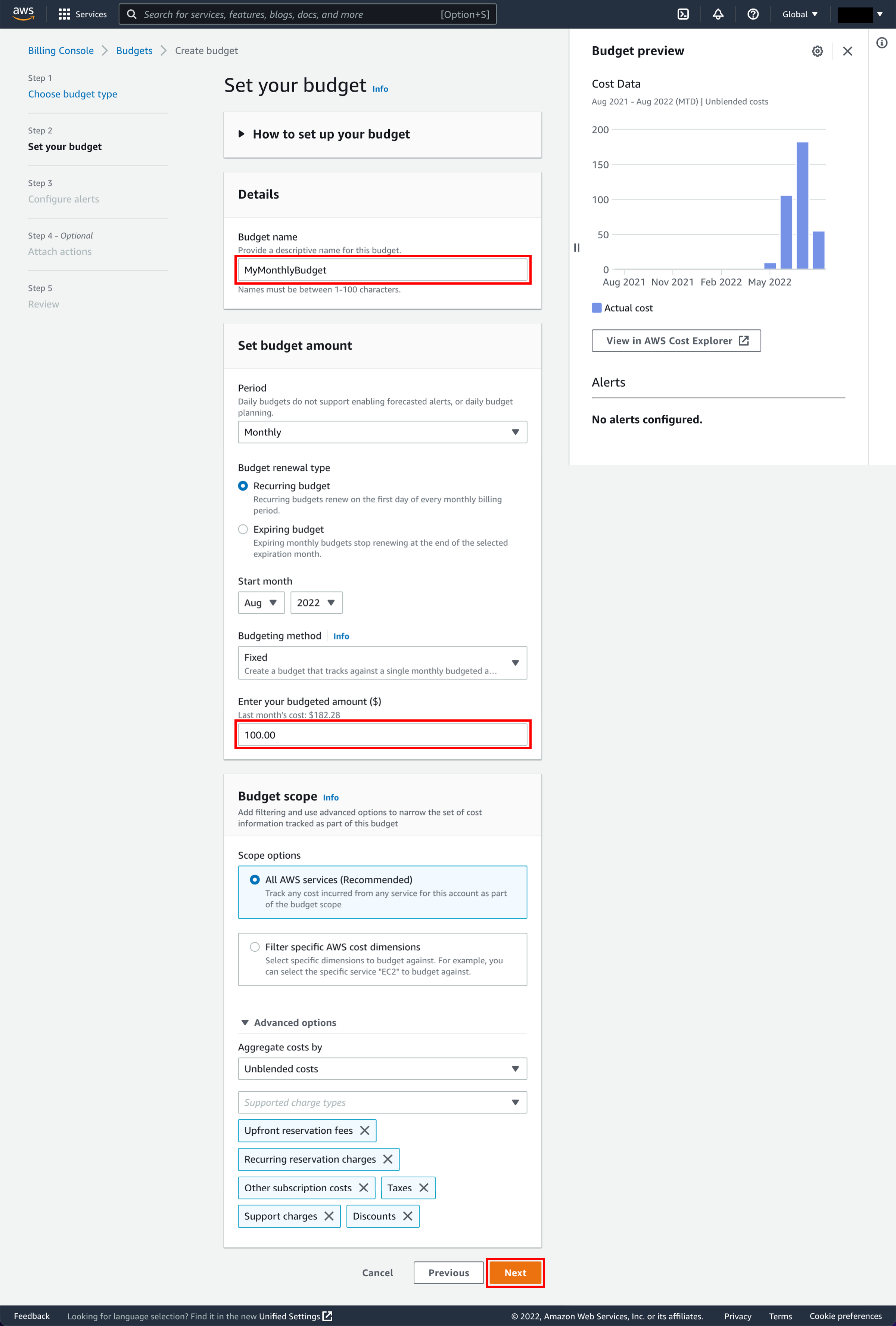 Set your budget page with Budget name and Enter your budgeted amount ($) highlighted.