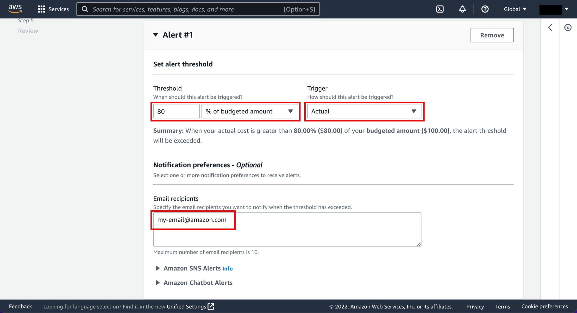 Set alert threshold page, with Threshold, Trigger, and Email recipients fields highlighted.