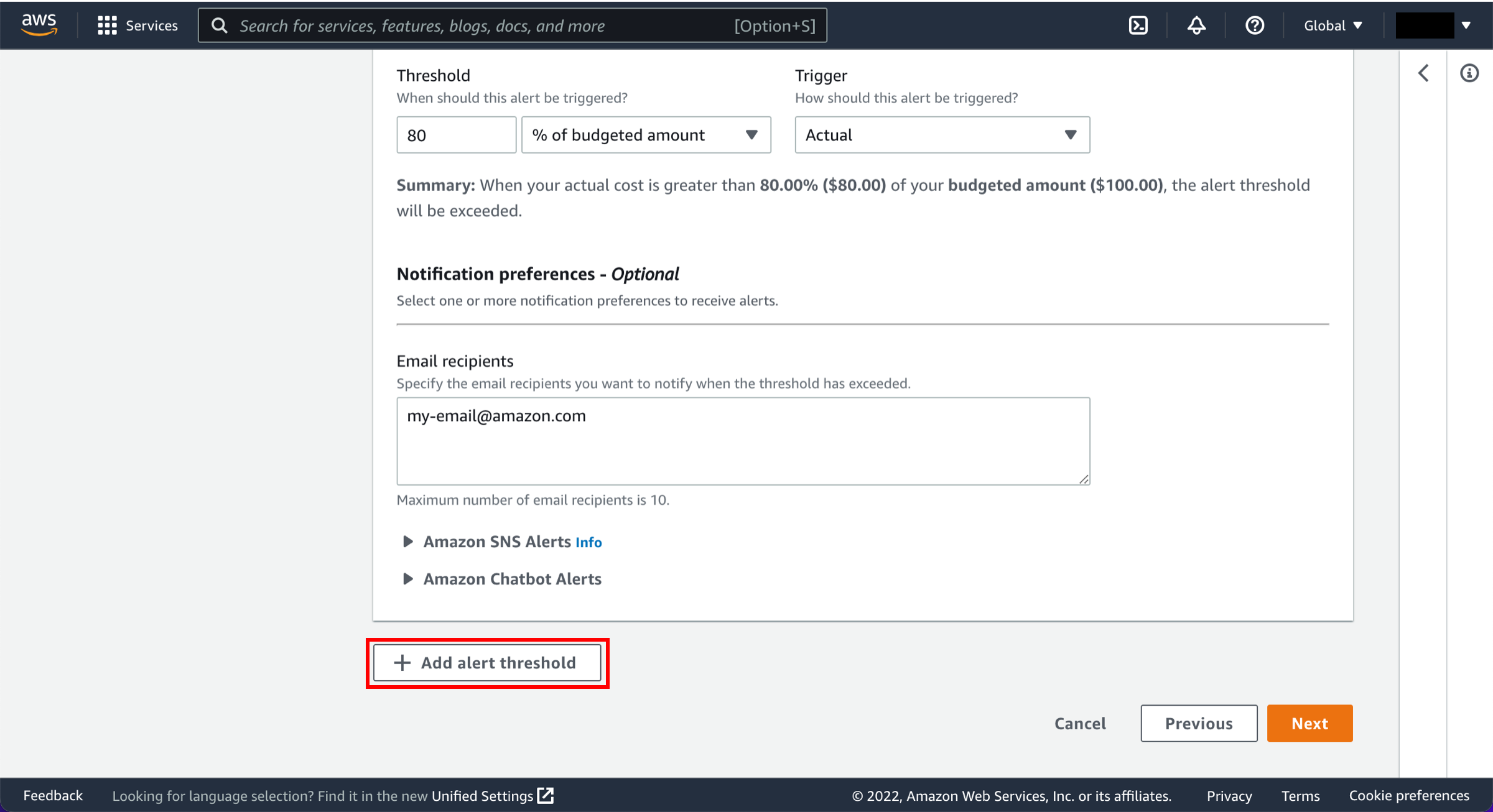 Configure la p&aacute;gina de alertas, con el bot&oacute;n Agregar umbral de alerta resaltado.