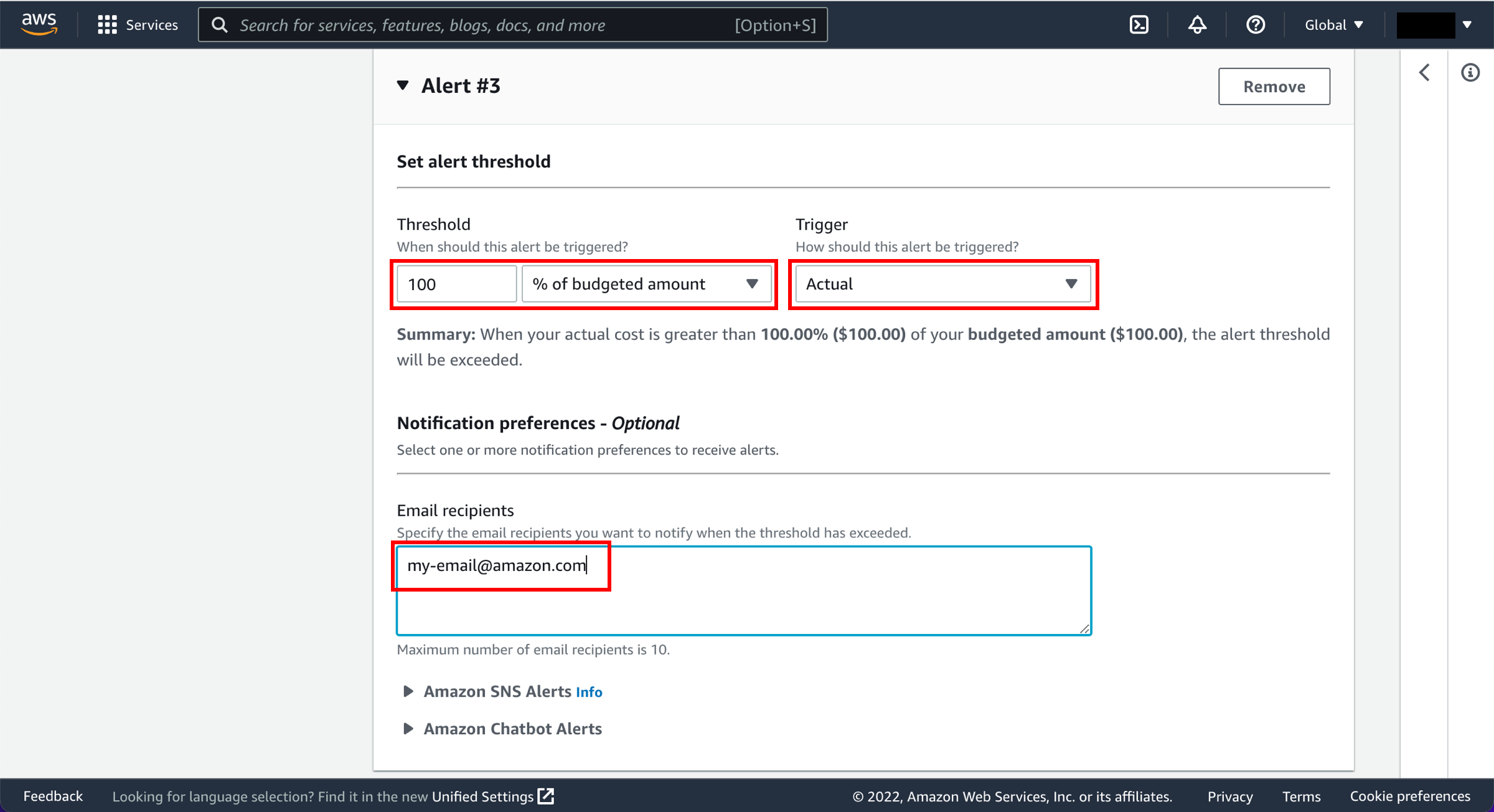 Set alert threshold page, with Threshold, Trigger, and Email recipients fields highlighted.