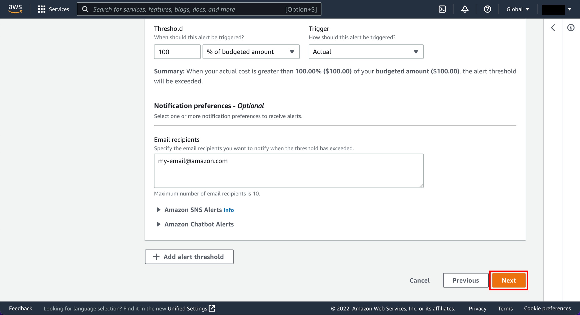 P&aacute;gina de configuraci&oacute;n del umbral de alerta, con el bot&oacute;n Siguiente resaltado.