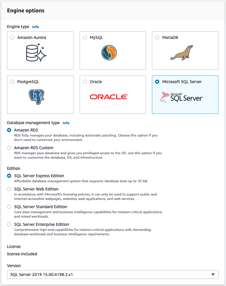 Engine options section, with Microsoft SQL Server selected.