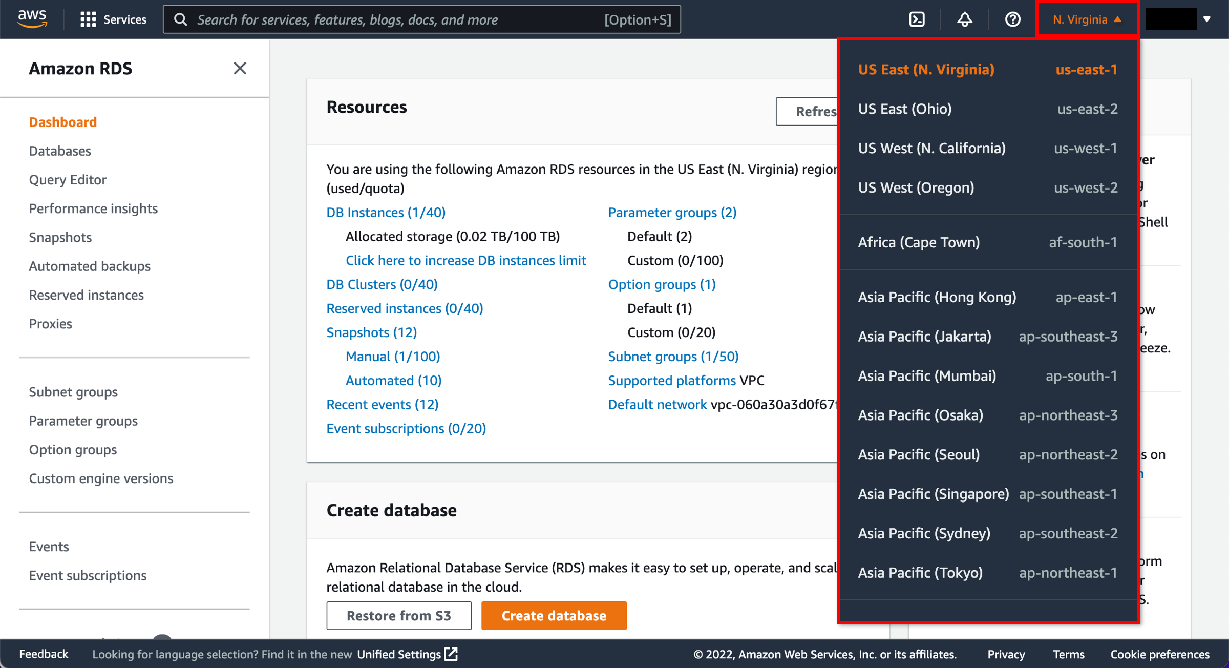 Amazon RDS console with Regions drowdown menu