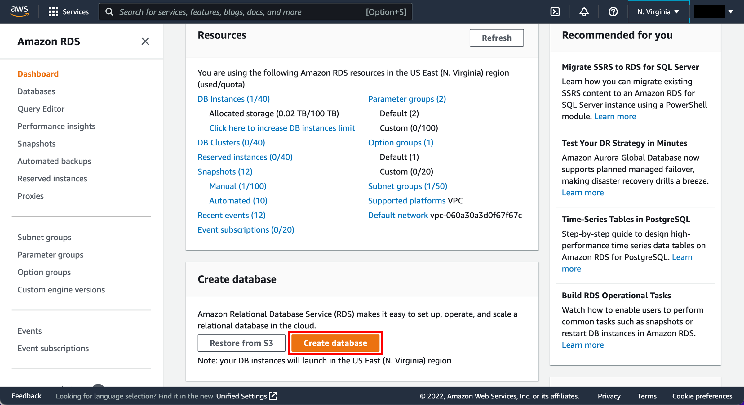 Amazon RDS console with Create database button highlighted