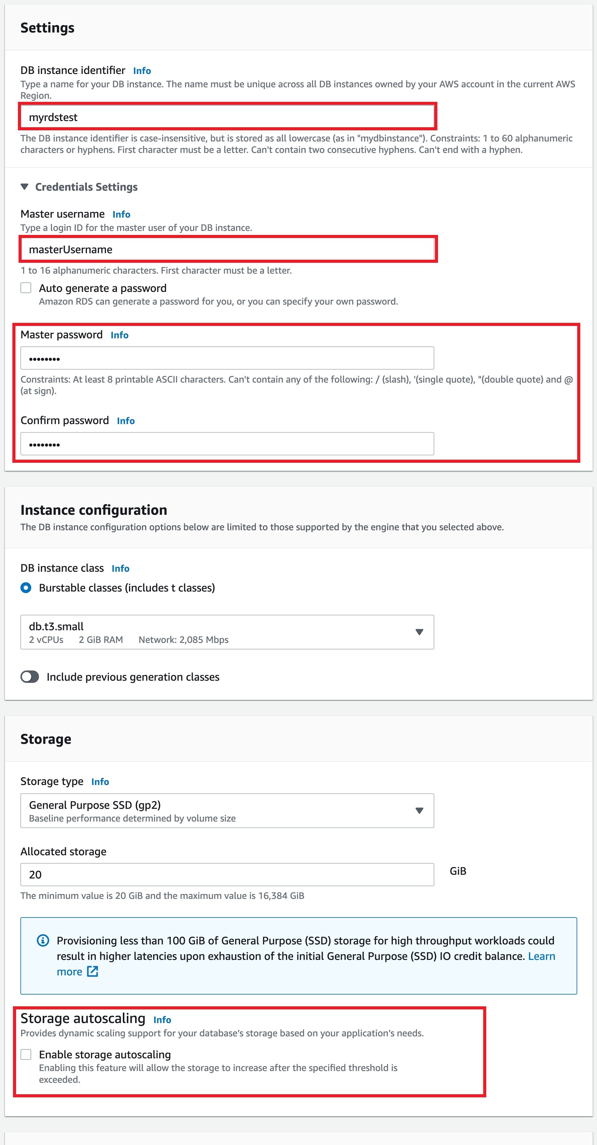 Settings for DB instance