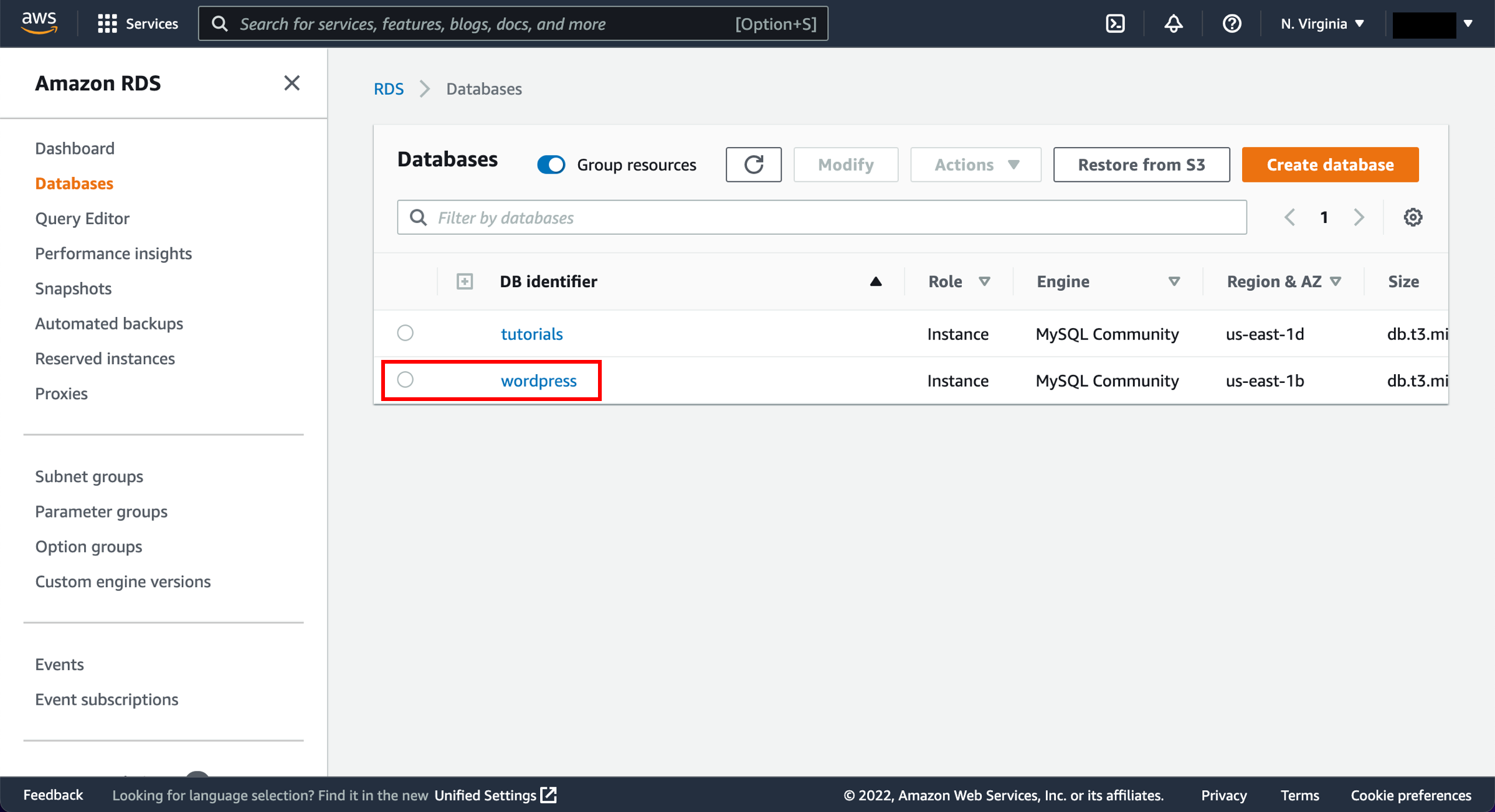 Next, find the hostname for your RDS database in the AWS console.