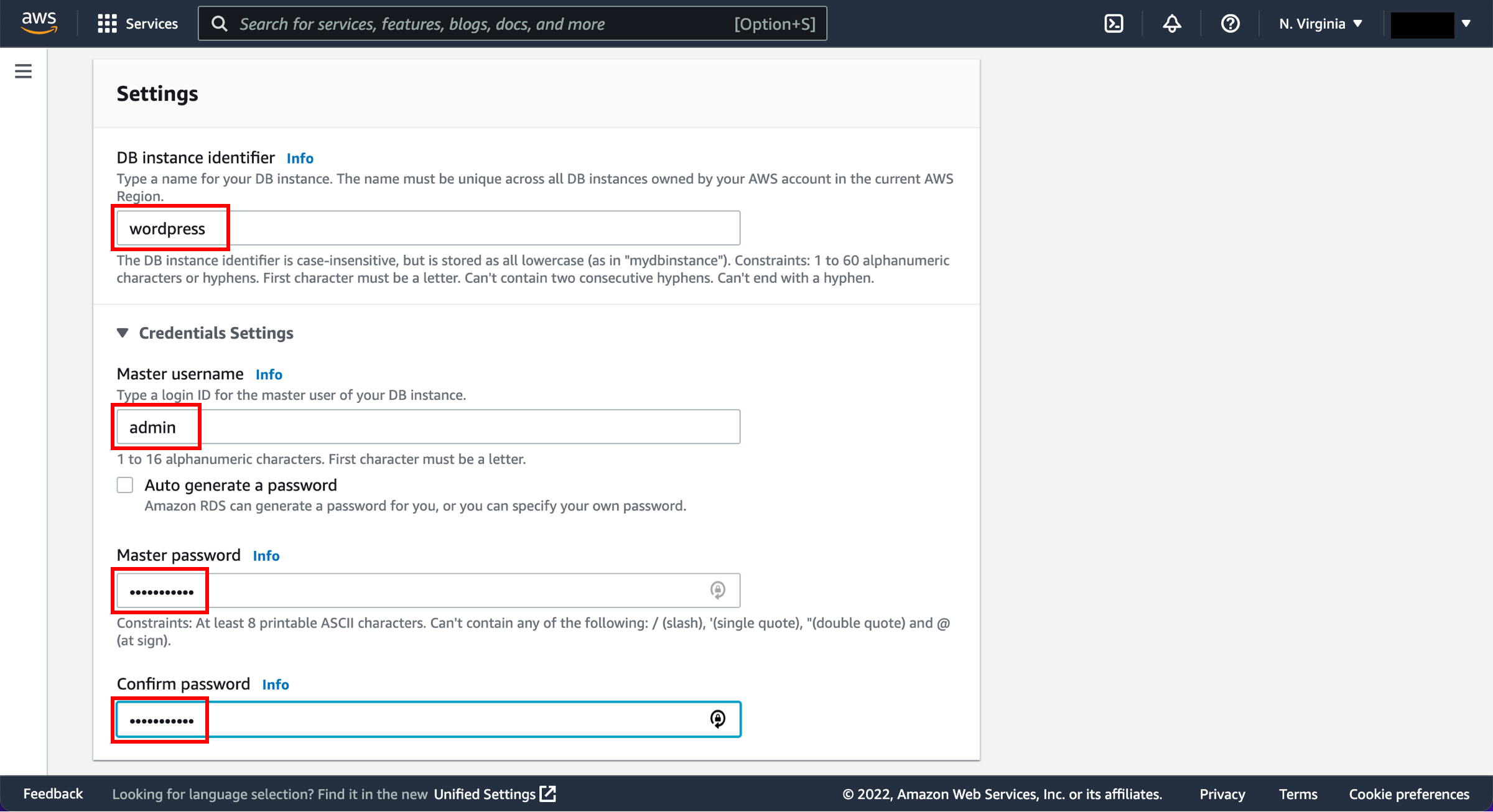 Settings window within Amazon RDS console