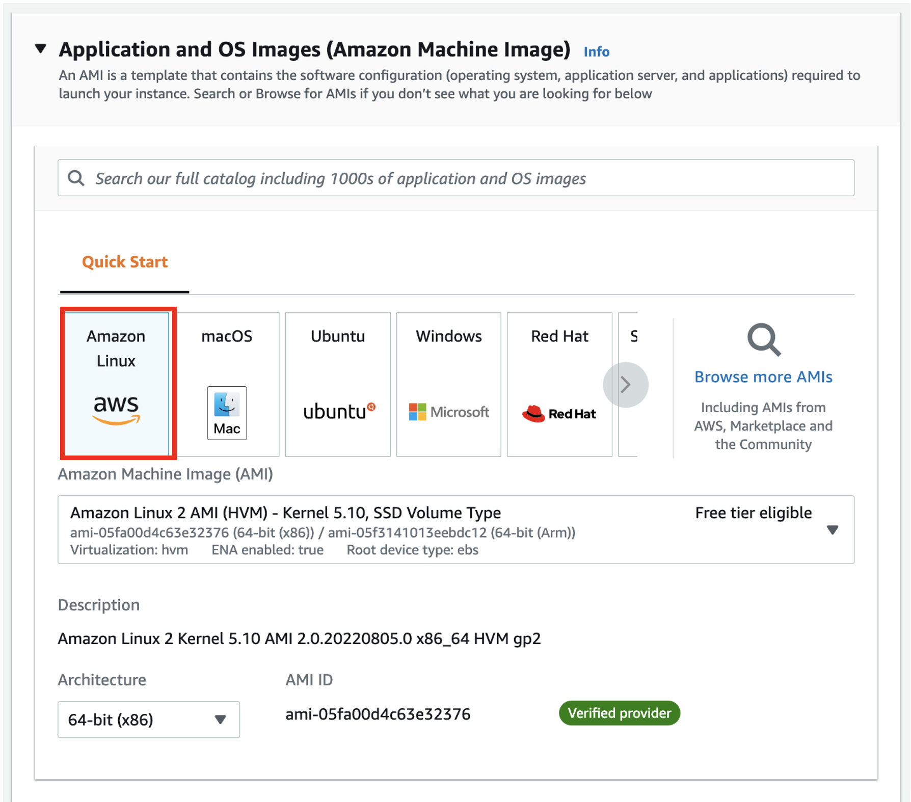 Choose the Amazon Linux 2 AMI (HVM) in the AMI selection view