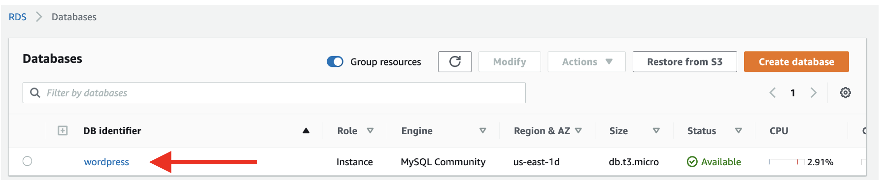 Click on the MySQL database you created in an earlier module in this lab.