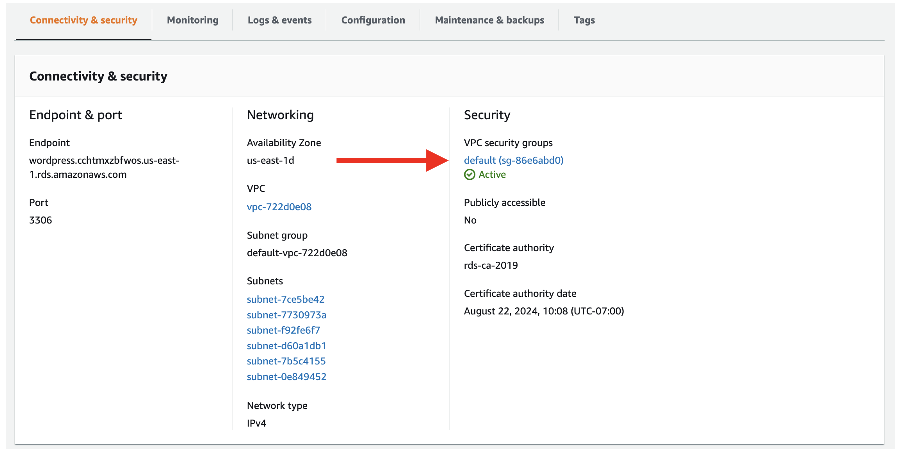 Click on the security group listed in VPC security groups.