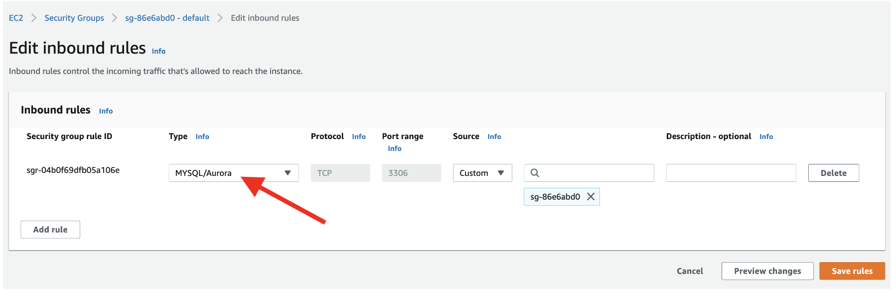 Change the Type property to MYSQL/Aurora.