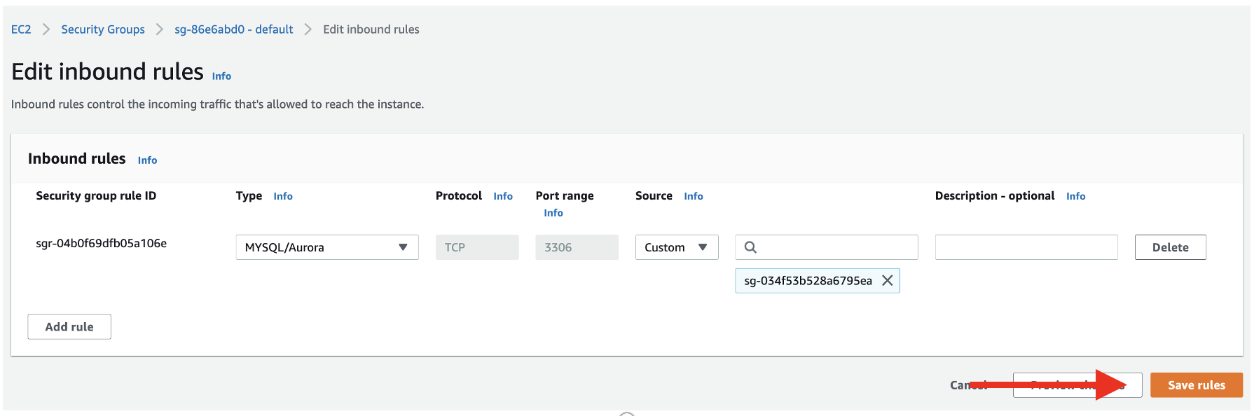 Click on the &ldquo;wordpress&rdquo; security group that you used for your EC2 instance.