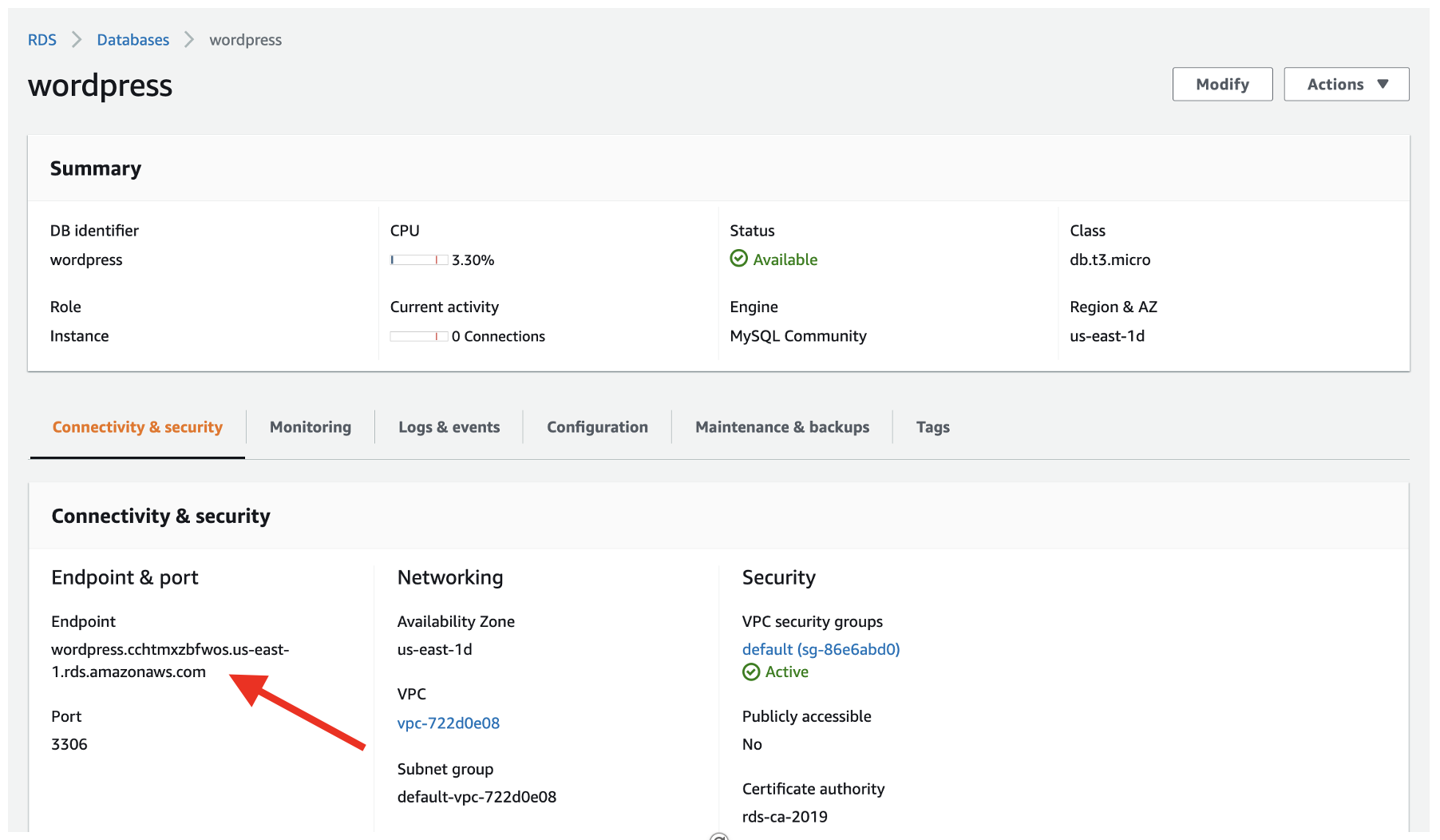 Next, find the hostname for your RDS database in the AWS console.