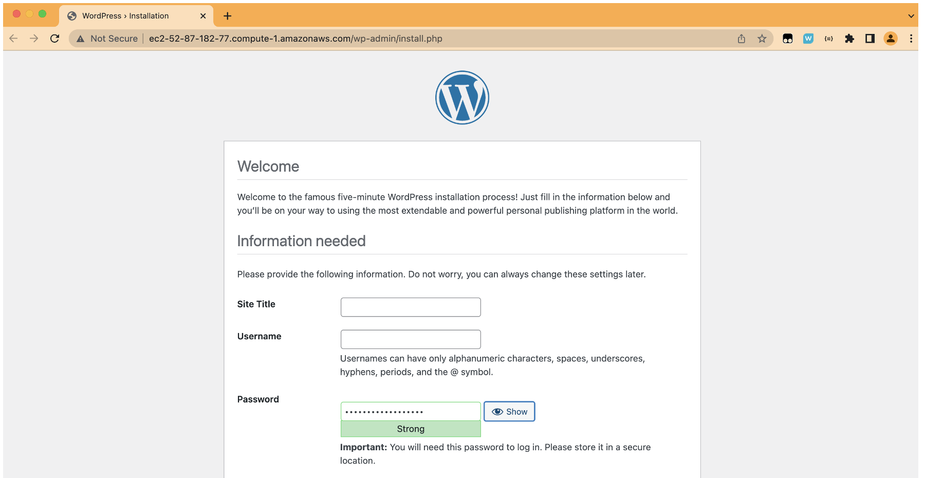 WordPress welcome page