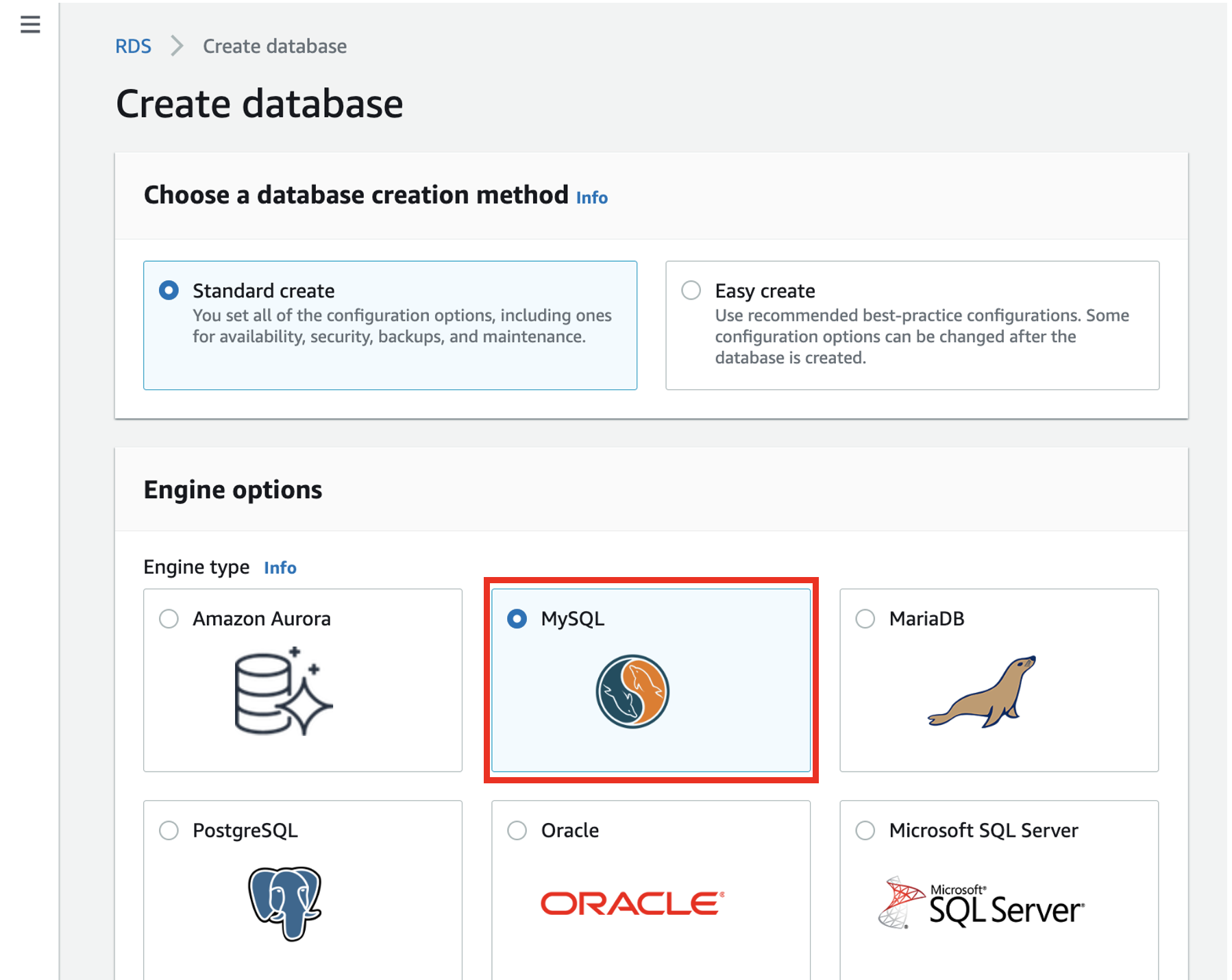 Create database window, with Standard create and MySQL selected as options