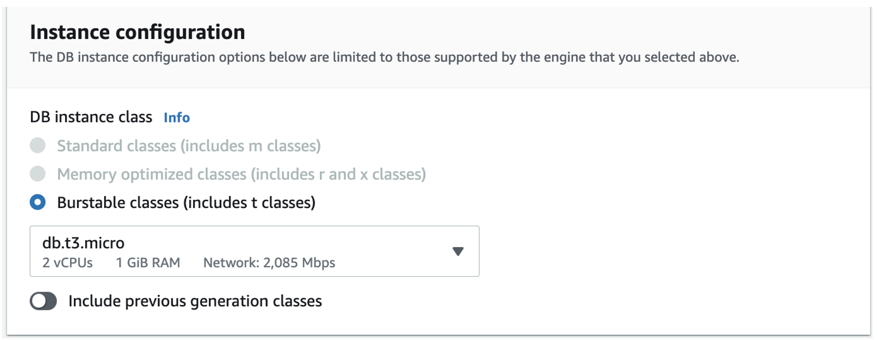 Instance configuration window, with Burstable classes selected