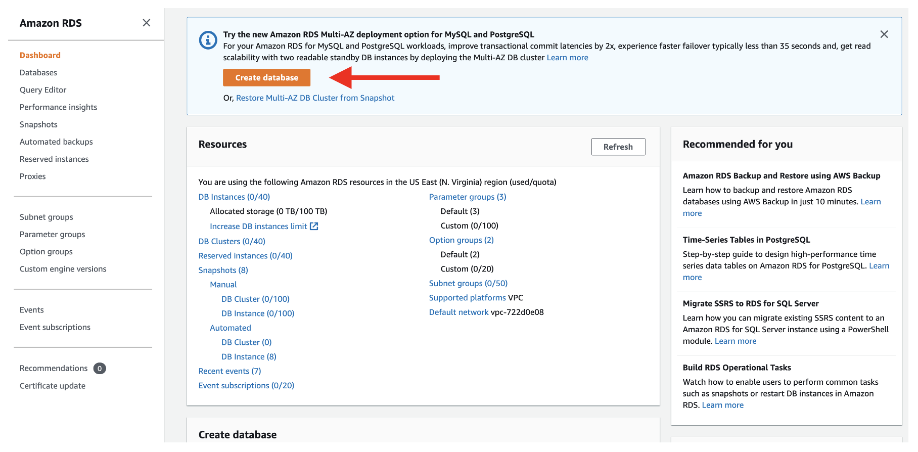 Amazon RDS console with Create database button highlighted