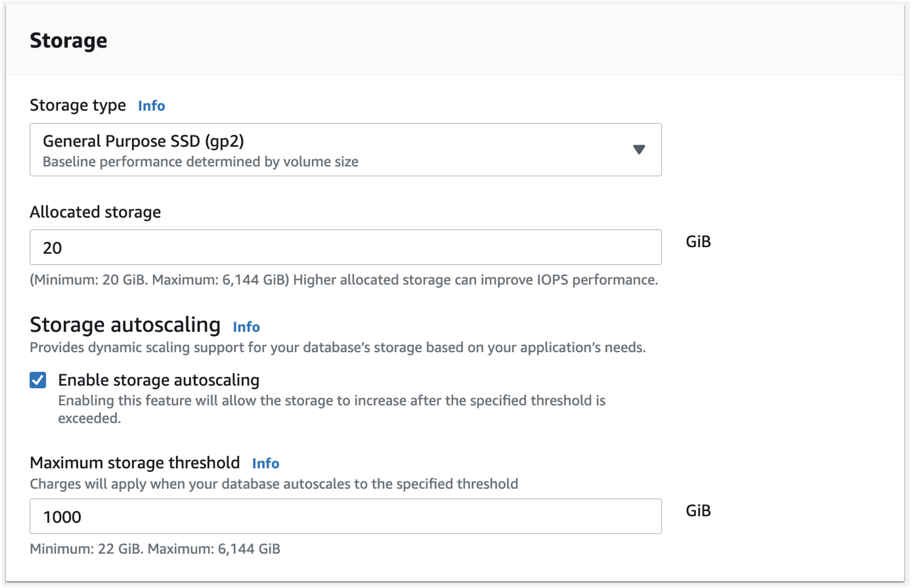 Storage window showing storage type and storage autoscaling options