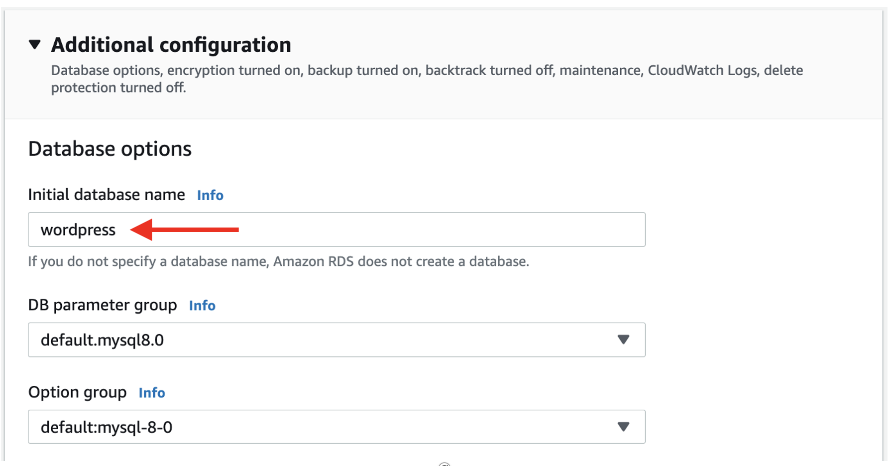 Additional configuration section with entries for Database options