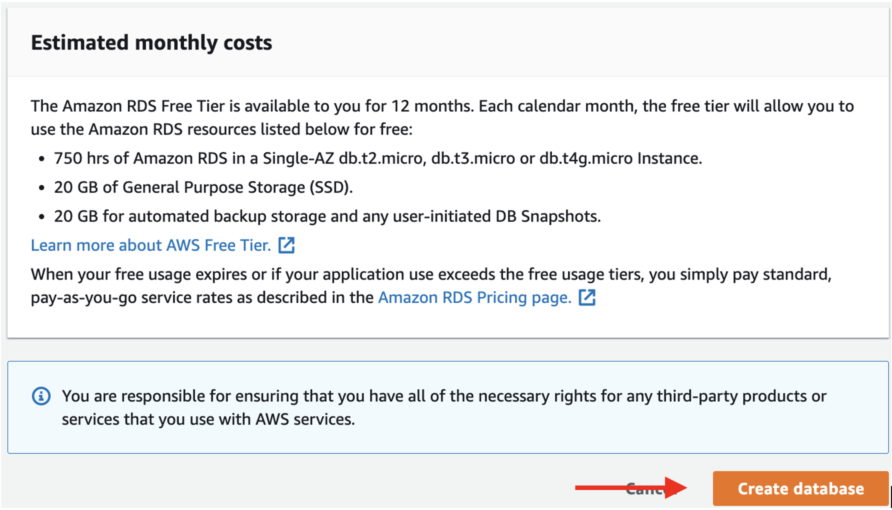 Estimated monthly costs details