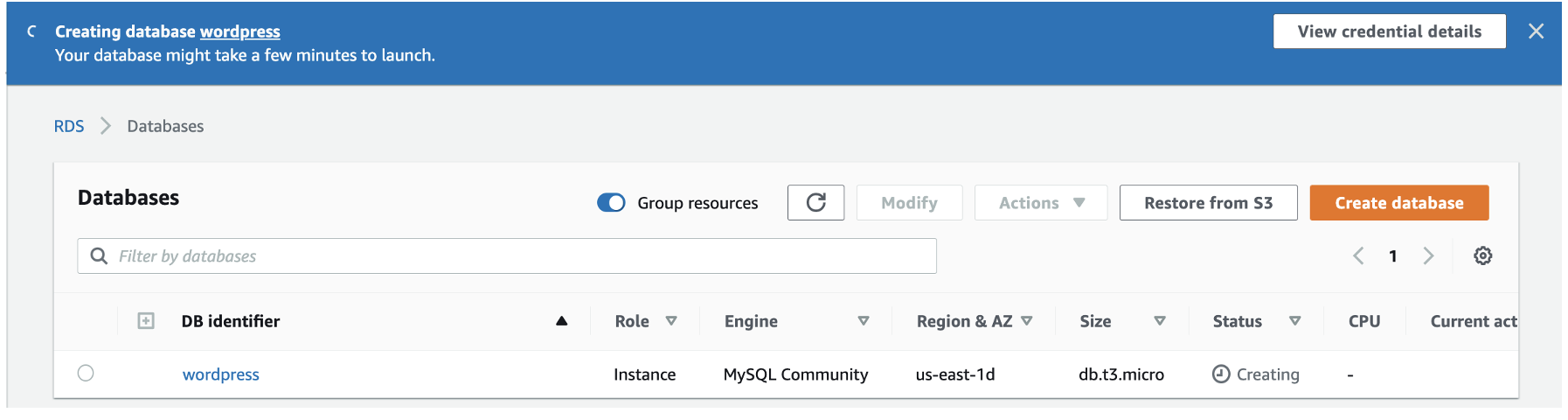 Databases window showing database details and current status