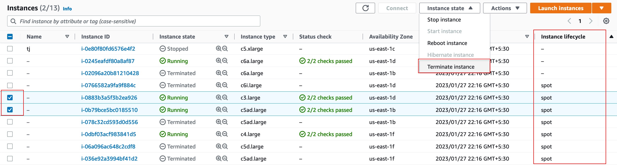 EC2 Instances console