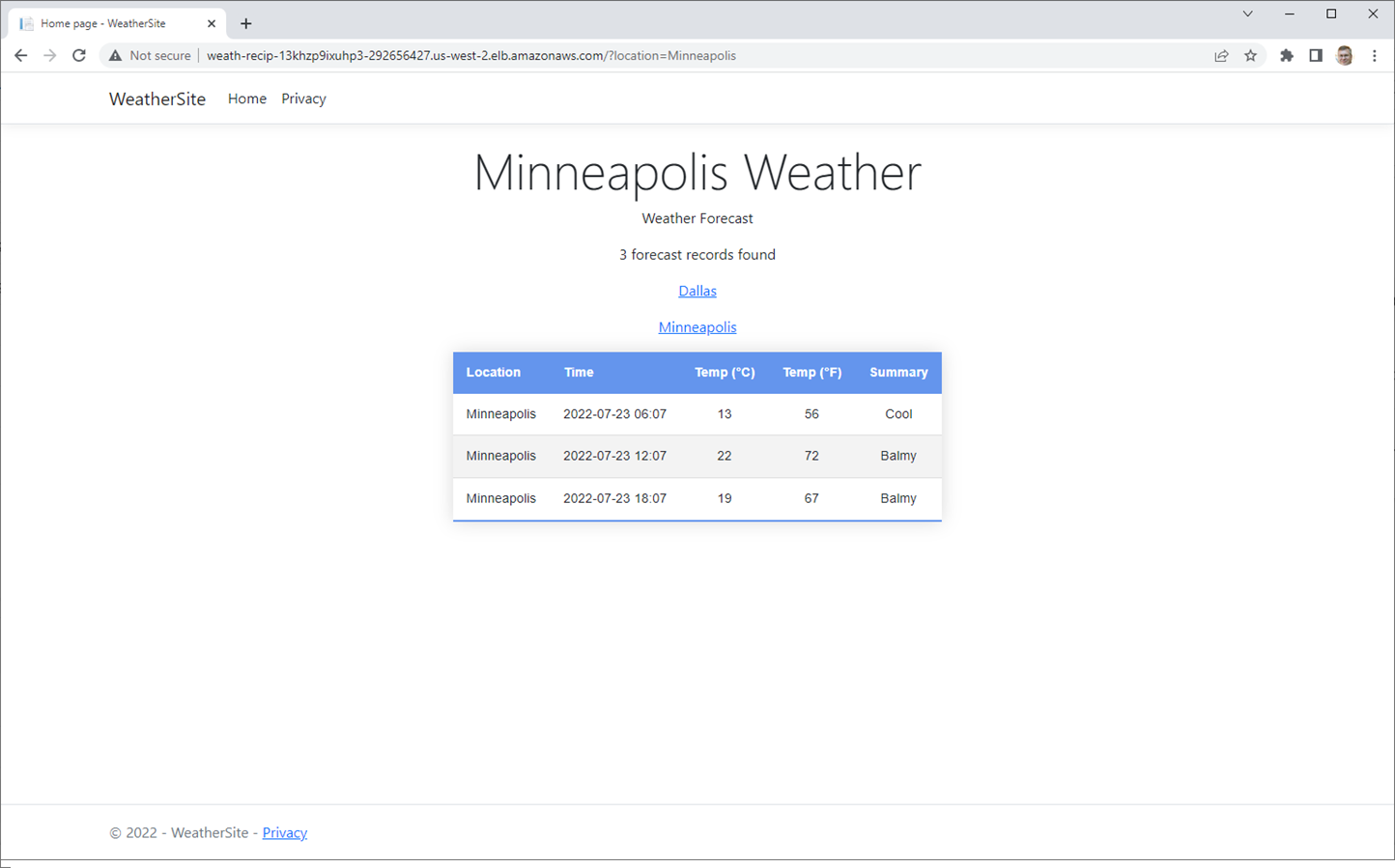 Testen Sie die Wettervorhersage-Aktion f&uuml;r Minneapolis