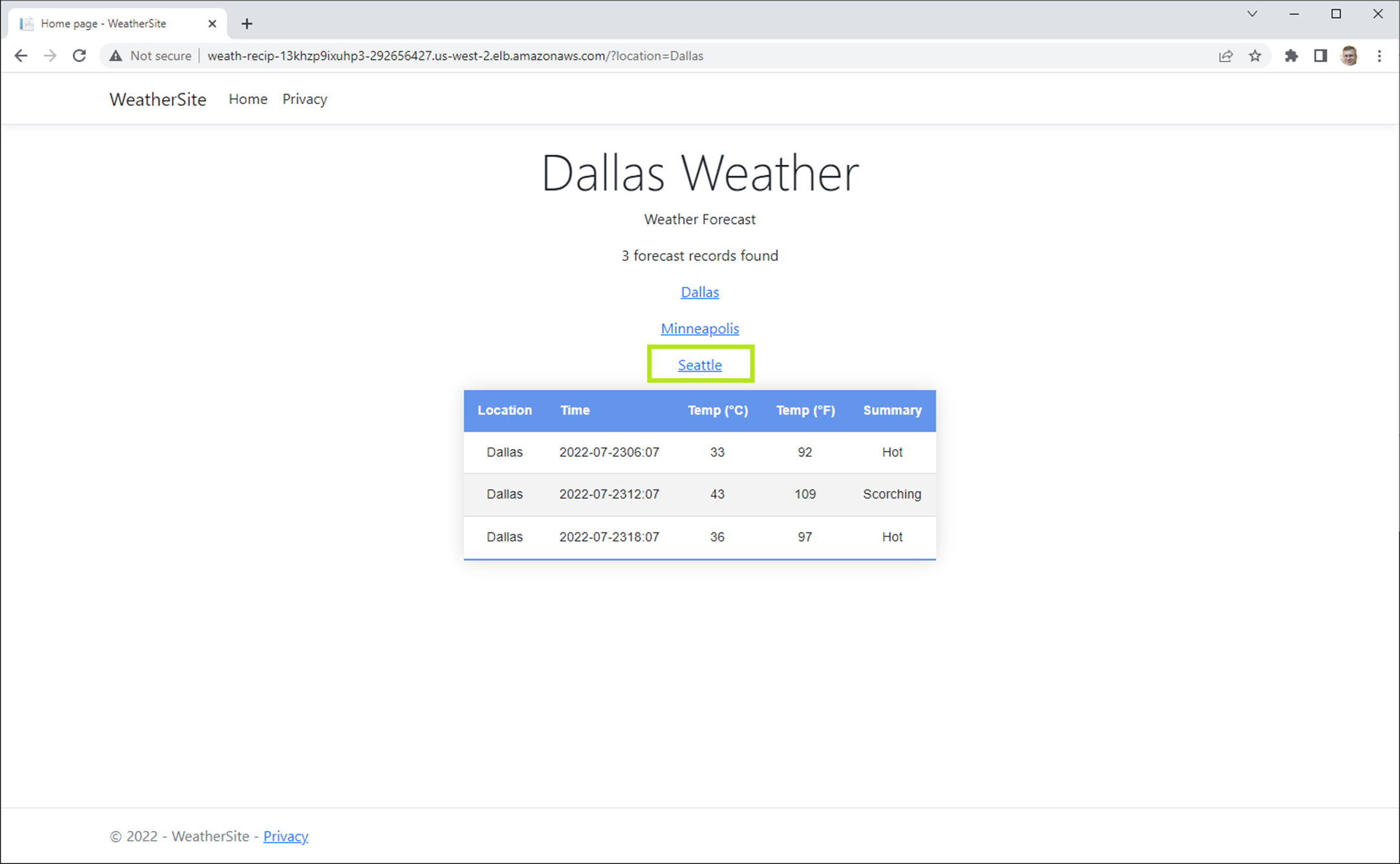 Tester l'action Weather Forecast pour Minneapolis