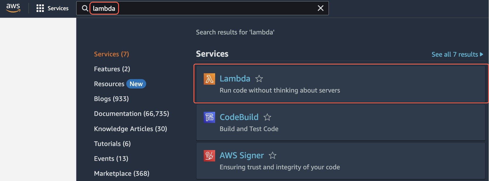 AWS Management Console search bar with Lambda selected in search results.