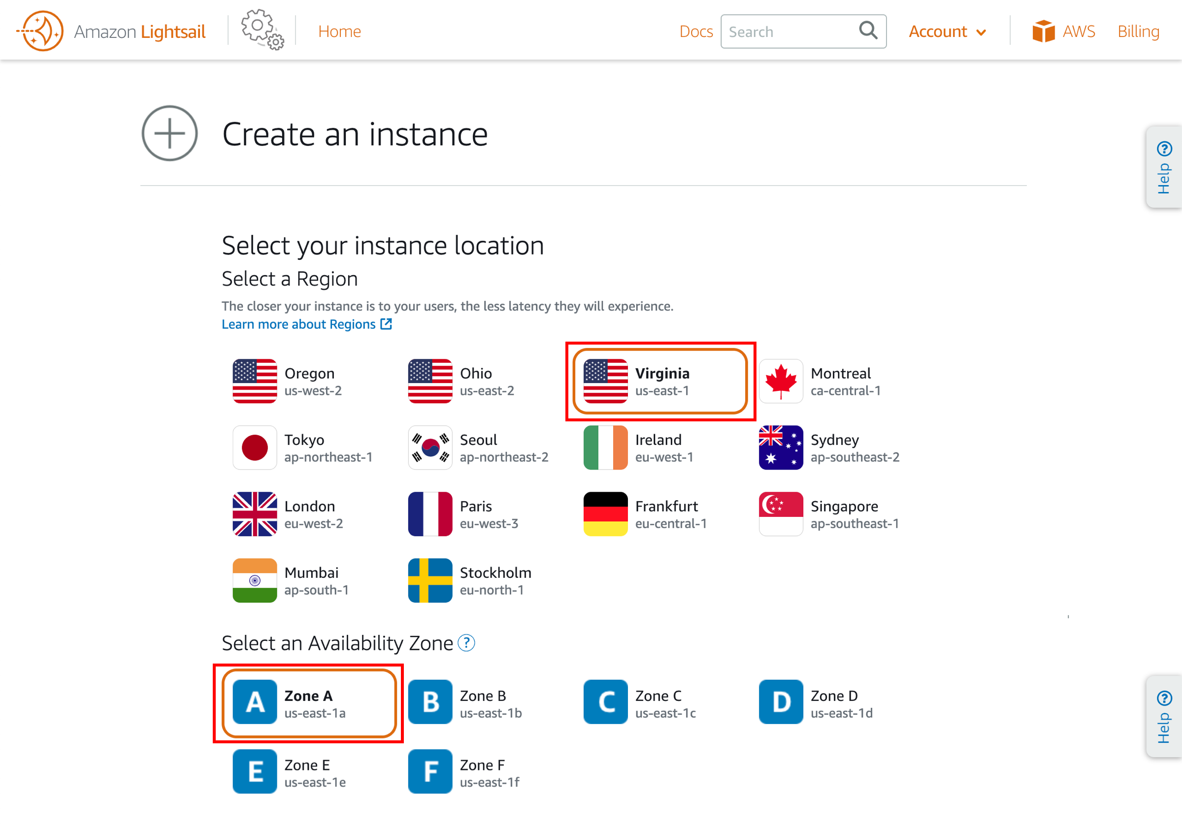 Create an instance page, with Virginia (us-east-1) Region and Zone A Availability Zone selected.