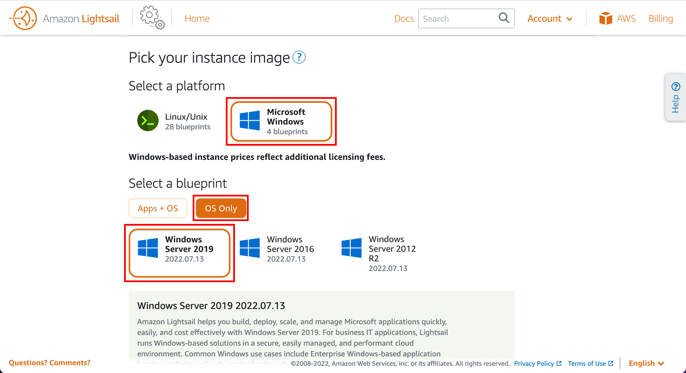 Pick your instance image page, with Microsoft Windows selected as the platform, and Windows Server 2019 selected as the blueprint.