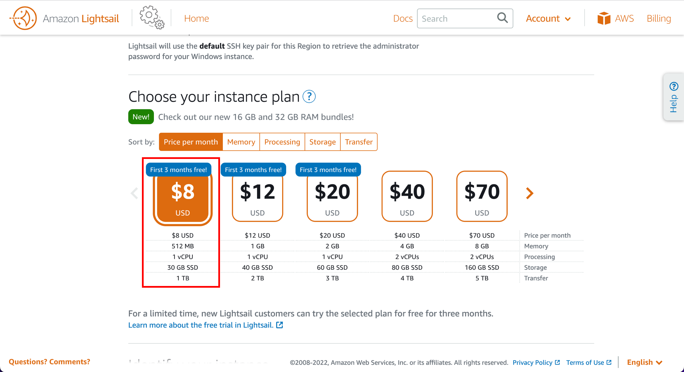 Choose your instance plan page, with First 3 months free selected.