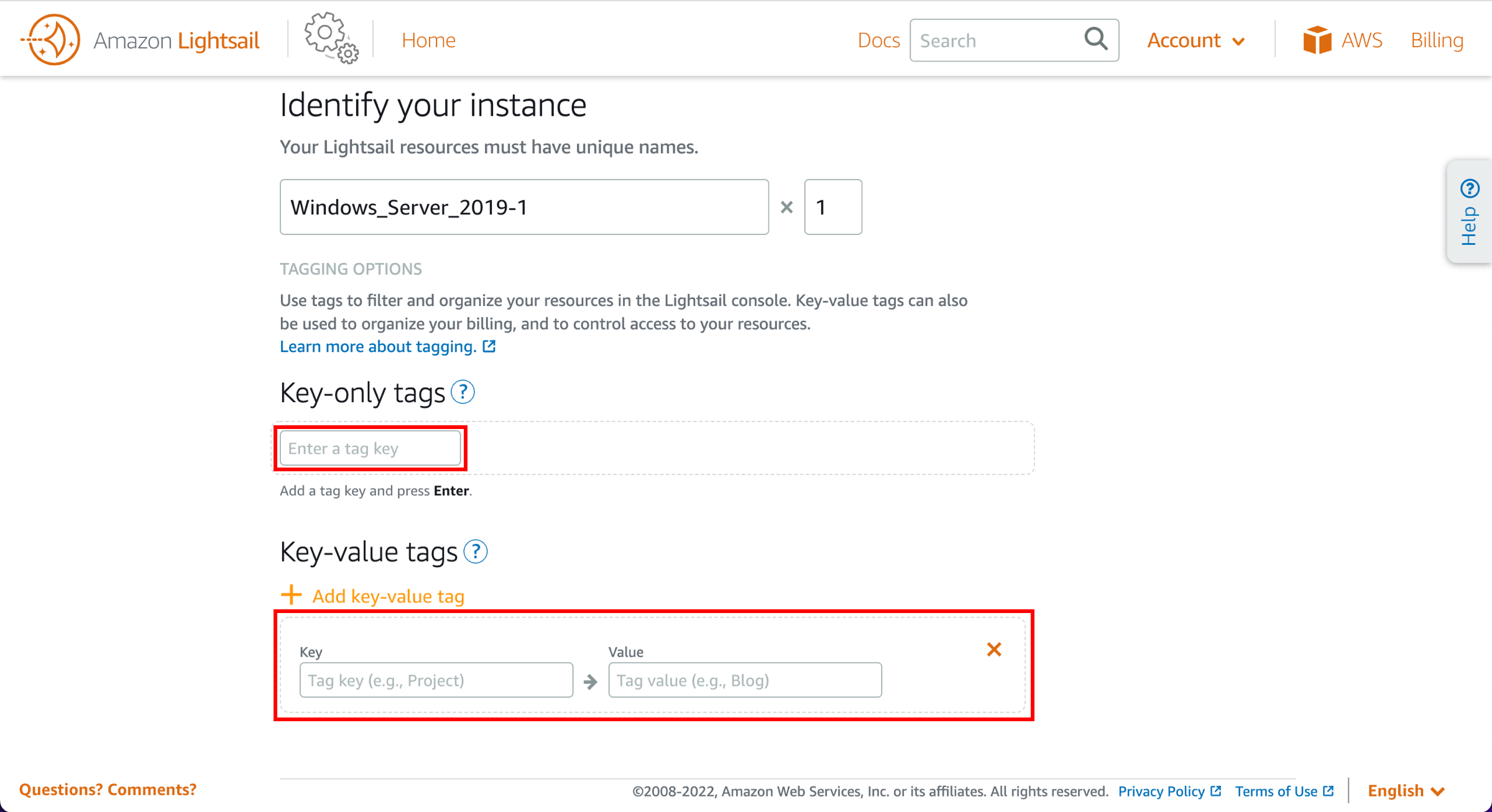 Identify your instance page, with fields for Key-only tags and Key-value tags highlighted.