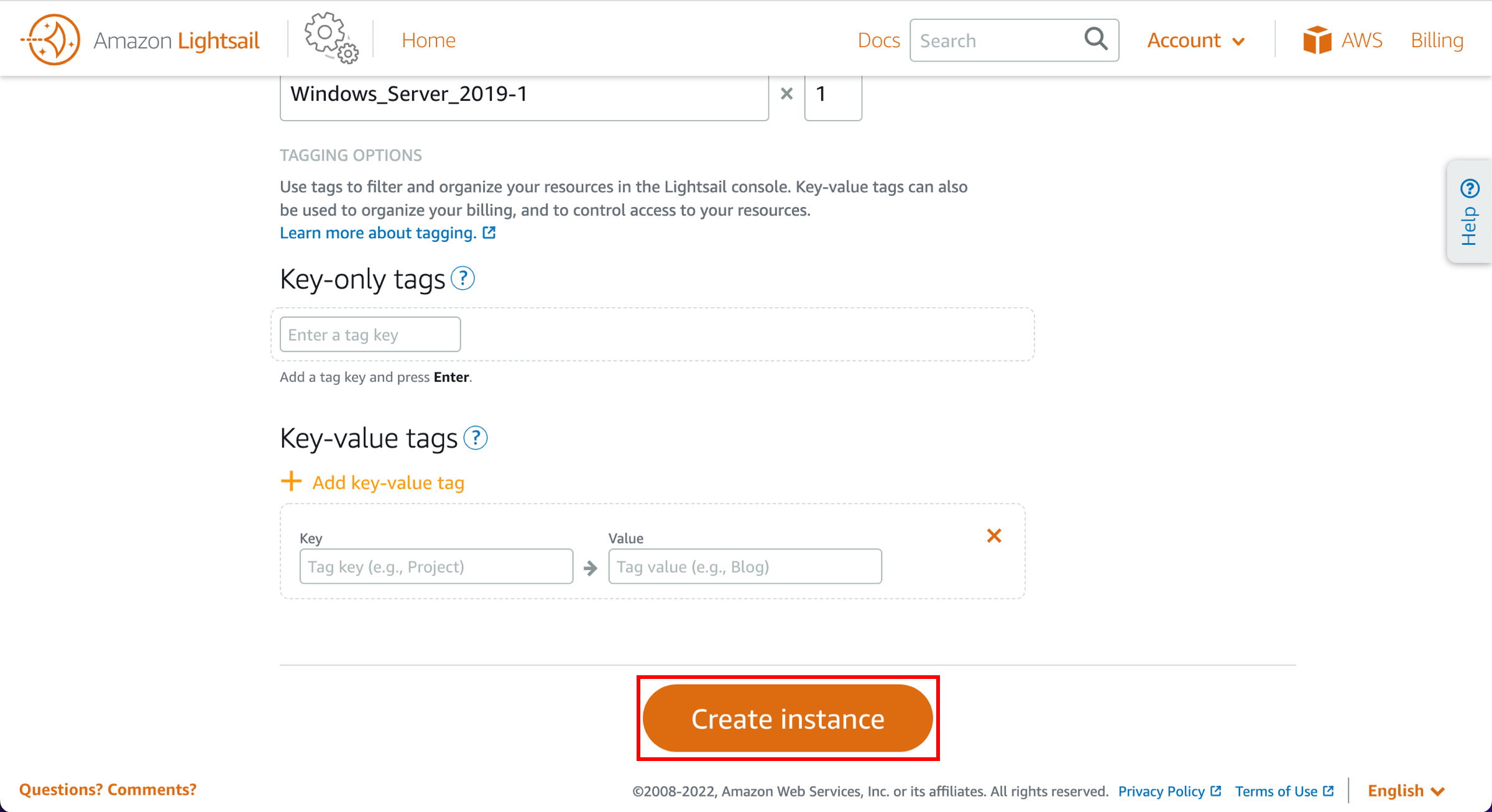 Identify your instance page, with Create instance button highlighted.