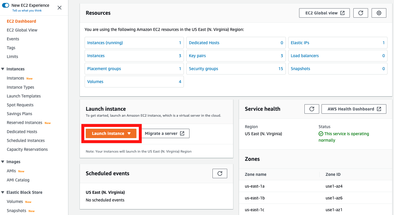 EC2 console with Launch instance button highlighted.