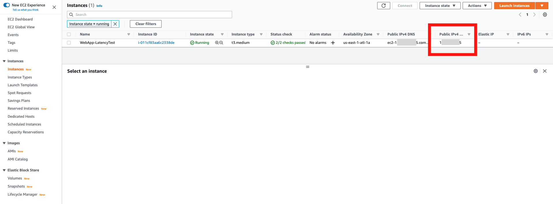 Instances window with public IP address highlighted.