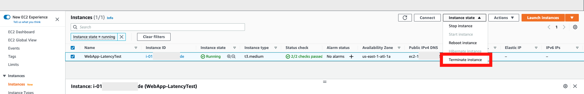 Instances window in the console with Terminate instance selected in the Instance state dropdown menu.