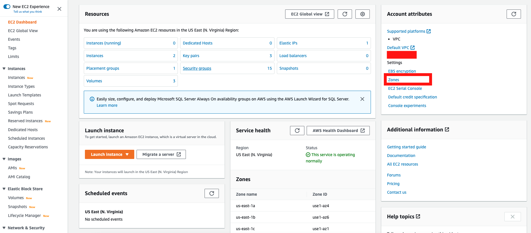 Amazon EC2 dashboard, with Zones selected in the Account attributes section.