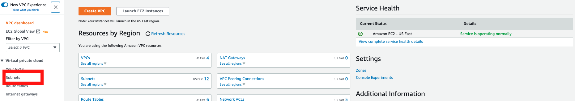 Instances window in the console with the subnet selected.