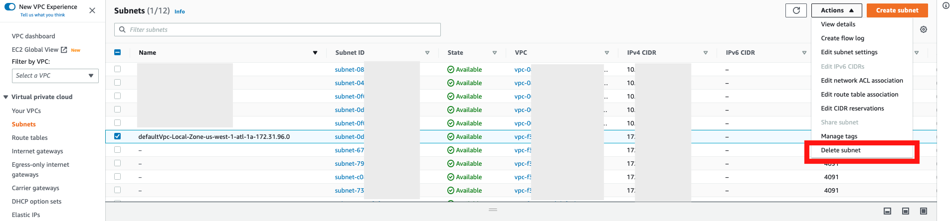 Subnet window in the console with Delete subnet selected.