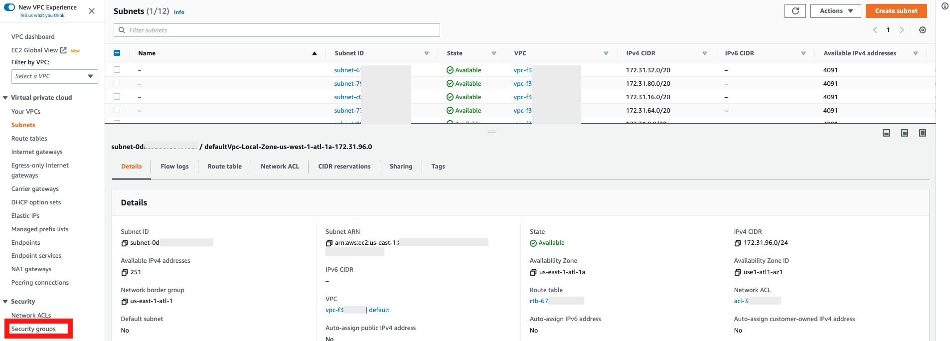 Subnet window with Security group selected under Security.