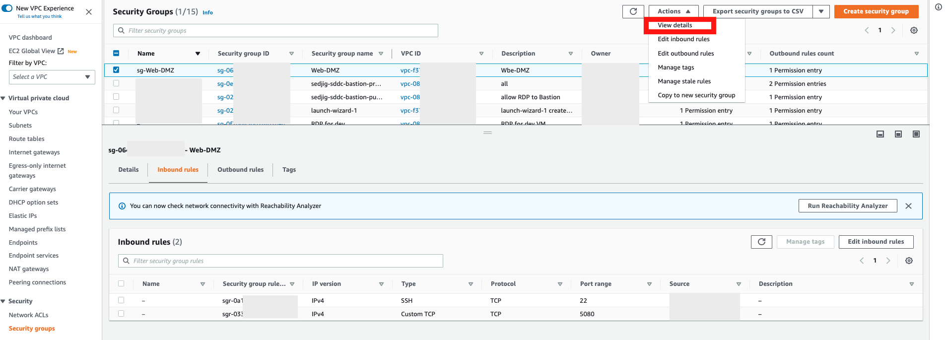 Security group window with View details selected in the Actions dropdown menu.