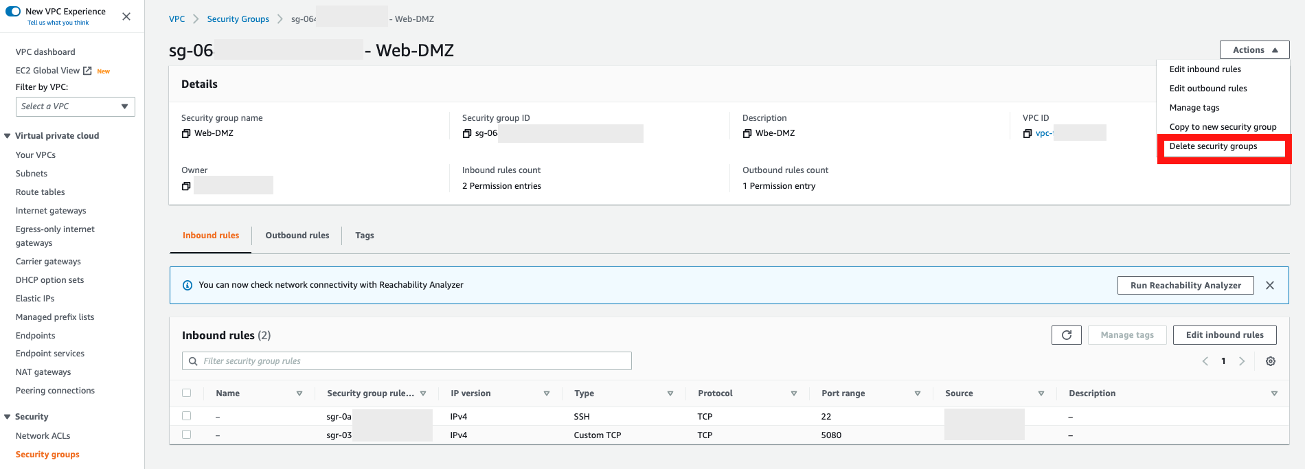 Security group detail page with Delete security groups selected in the Actions dropdown menu.