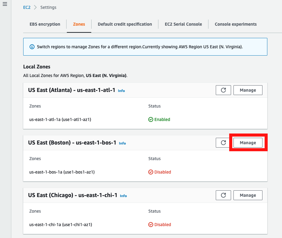 Zones tab, showing Manage button highlighted in the section for the Local Zone in US East (Boston).