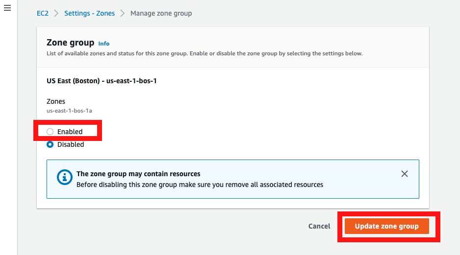 Zone group window with Enabled selection highlighted.