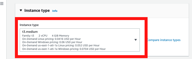 Instance type selection, with t3.medium highlighted.