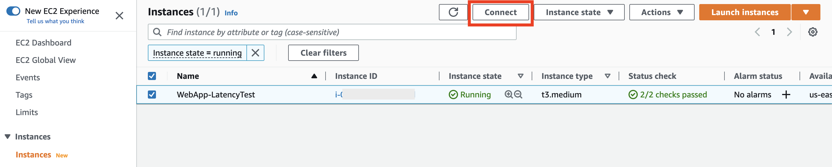 Instances window with Connect button highlighted.