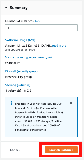 Summary window with Launch instance button highlighted.