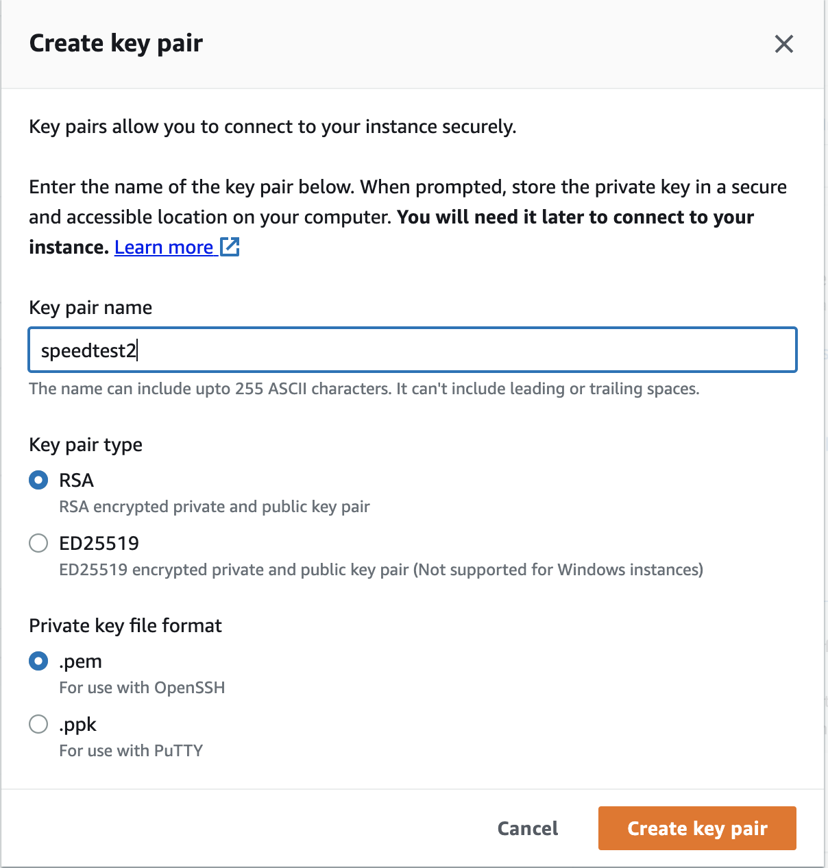 Create key pair window