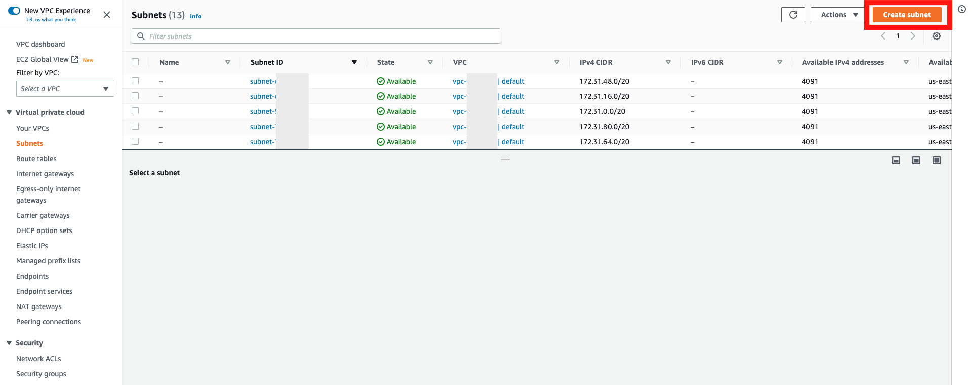 Subnet window in the console, with Create subnet button highlighted.